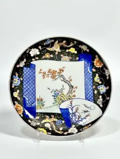 香蘭社 明治初期 染錦褐地花鳥文八寸皿 伊万里 有田