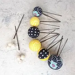 ちりめん和玉とパールピン8本 成人式 卒業式 髪飾り 七五三 水玉 青 黄色 花