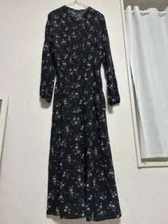 グローバルワーク　花柄ロングワンピース 長袖 マキシ丈 ウエストゴム　L前開き