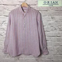 イタリア製XL◆ORIAN リネン100% カプリシャツ パープル系×ストライプのサムネイル