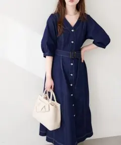 ナチュラルクチュール　ストレッチデニムベルト付きワンピース