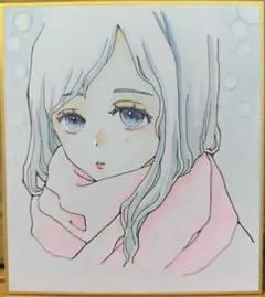 日本の女の子24　冬　マフラー　手描きイラスト　オリジナル　アナログ　原画　色紙