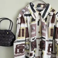 デザインシャツ 昭和レトロ vintage風 日本製 幾何 長袖シャツ ゆったり