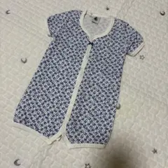 プチバトー 花柄 ロンパース 半袖 60cm 3m 青 リボン 女の子
