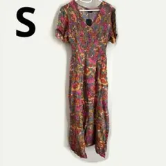 夏 カジュアルワンピース S 花柄 ショート フラッタースリーブ Vネック