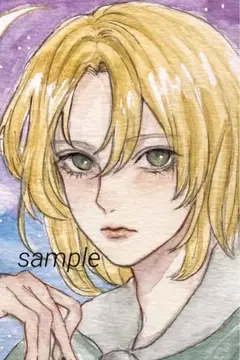 オリジナル手描きイラスト　創作　水彩画　アナログイラスト　月夜　男性