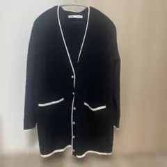 ZARA カーディガン　配色　バイカラー　パール　ロング　黒　Ｖネック