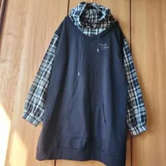 ☘️【ラブトキシック】重ね着風 フード付き ロング パーカー チュニック 長袖
