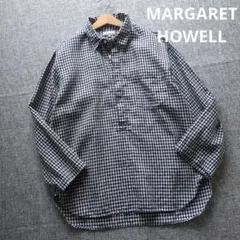 マーガレットハウエル　リネン　プルオーバーシャツ　紺×白　スモールカラー