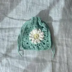 ハンドメイド 編み物 巾着袋 ポーチ AirPods ホワイト 韓国 お花巾着