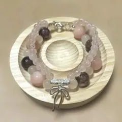 ハンドメイド 2連 ビーズ ブレスレット リボン 天然石 ガラス ピンク