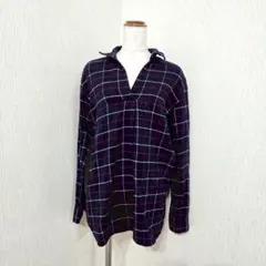 MUJI　無印　Vネック長袖チェックシャツ ネイビー系 綿100% ゆったり L