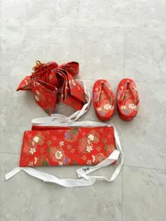 新品　美品　七五三用　3歳サイズ　オレンジ色の付け帯と草履セット
