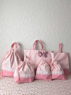 入学入園6点セット、女の子、レッスンバック☆上履き袋☆体操着袋、お弁当袋、給食袋