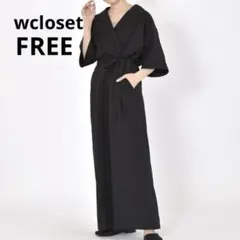 wcloset オールインワン つなぎ ウエストマーク リボン 黒 Vネック Fのサムネイル