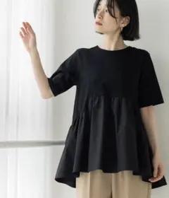 オペークドットクリップ ペプラムドッキングカットソー【洗濯機OK】ブラック