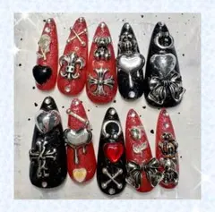 量産型　地雷系　　赤　黒　【現品】ネイルチップ ロング③ ポイント 標準サイズ