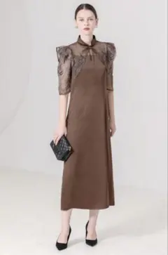 Lejaブラウン レース付き半袖ドレス MEDIUM
