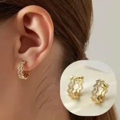 ウェーブ ジグザグ ジルコニア ピアス ゴールド 925 刻印 キャッチレス