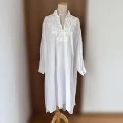 美品✨HOUSE OF LOTUS ロングワンピース　ネイビー　M 夏は涼しくリネンで過ごす》リネンVネックロングワンピース