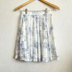 【未使用】 フレアスカート 花柄 ホワイト 白 ミニ 膝丈 S チェック 水色