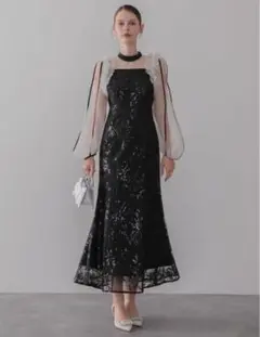 フラワースパンコールチュールフリルロングスリーブマーメイドワンピースドレス　S