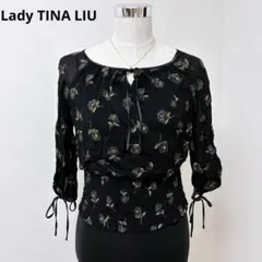 Lady TINA LIU 花柄シアーブラウス ゴールド スモッキング ブラック