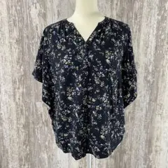 グローバルワーク　半袖　ネイビー　花柄　サラサラブラウス 　レーヨン　M