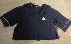 黒い星刺繍タッセル付き半袖トップス