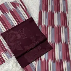 ✿*✿様 矢羽根柄　ちりめん調　くすみピンク　袷　ポリエステル　洗える着物のみ