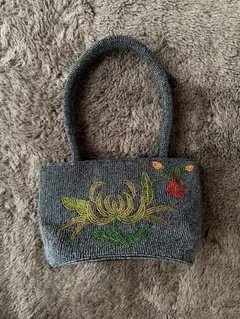 ビーズ刺繍花柄トートバッグ グレー