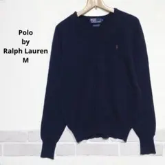 ラムズウール100％ Vネック セーター M ブランド刺繍 ネイビー H840