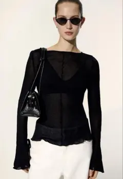 H&M ボートネックニットトップス シアートップス フレアスリーブ