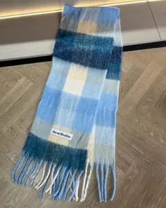 新品 チェックロング フリンジ モヘアマフラー ブルー ユニセックス