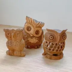 【中古】木製フクロウの置物3体セット