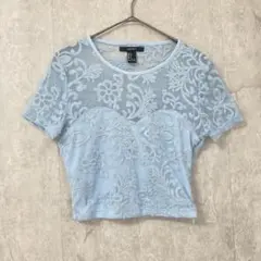 FOREVER 21 ライトブルー 花柄刺繍 半袖 クロップド丈 レース Sのサムネイル