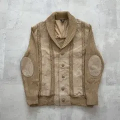 Euro Vintage　C&A　ケーブルニットカーディガン　レザー切り替え