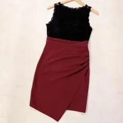 トップスレースアシメタイトミニドレス M ブラック ワインレッド ジュエルズ