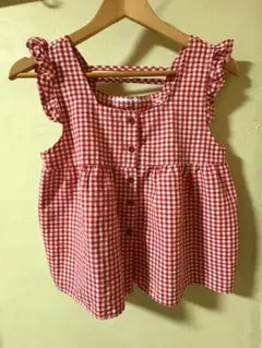 チェック柄 フリル ノースリーブ 半袖 ブラウス レッド