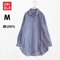 ユニクロ UNIQLO リネンシャツ ブラウス ロールアップ M 麻ブルー系