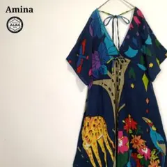 Amina　アミナ　チャイハネ　ワンピース　アニマル柄　アートデザイン　紺　半袖