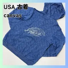 美品　USA 古着　パーカー キャンバス 羽　Mサイズ　ネイビー　ジップアップ