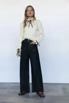 ZARA リボ付きニットセーター　アイボリー　レース編み　ベロア　リボン　新品