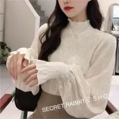 秋 韓国♡パフスリーブ　ハイネック　サンテカットソー キラキラ　フレアトップス