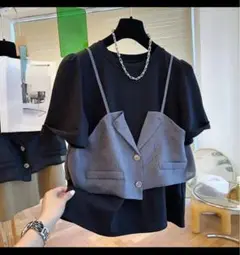 新品 ブラック 重ね着風 カットソー カジュアル 半袖 Tシャツ