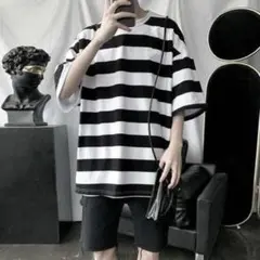 オーバーサイズ白黒ストライプ半袖シャツ