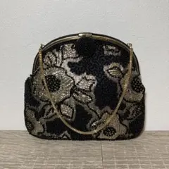 3F 希少 ヴィンテージ 総ビーズバッグ 金糸 花柄 がま口 チェーン付
