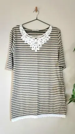ストライプ 半袖Tシャツ レース付き