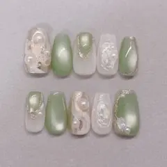 ネイルチップ 成人式ネイル ニュアンス マグネットネイル 和風 袴 緑 振袖