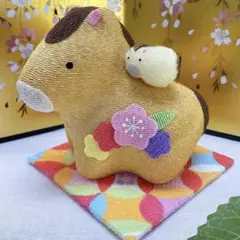 令和8年 干支飾り【花親子 茶 午】ちりめん置物 迎春玄関 七宝柄 新品 日本製